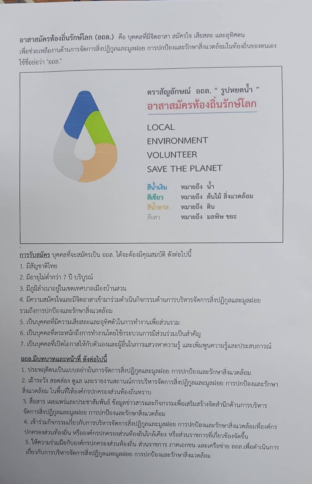 บทบาทหน้าที่ของ  อาสาสมัครท้องถิ่นรักษ์โลก  (อถล)